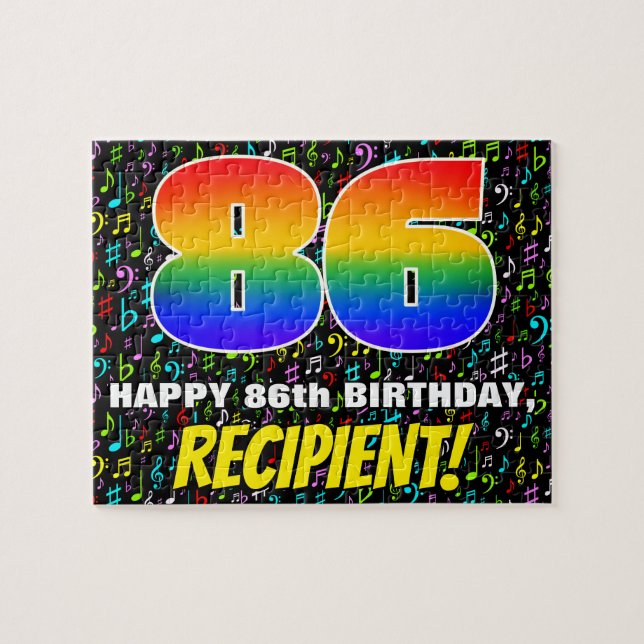 86th Birthday — Fun, Colourful Music Symbols & “86 Jigsaw Puzzle (Horizontal)