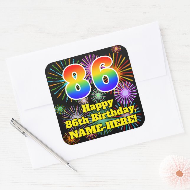 86th Birthday: Fun Fireworks Look, Rainbow # 86 Square Sticker (Envelope)