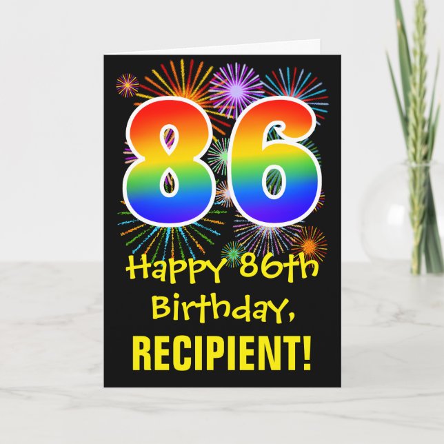 86th Birthday: Fun Fireworks Pattern + Rainbow 86 Card (Front)