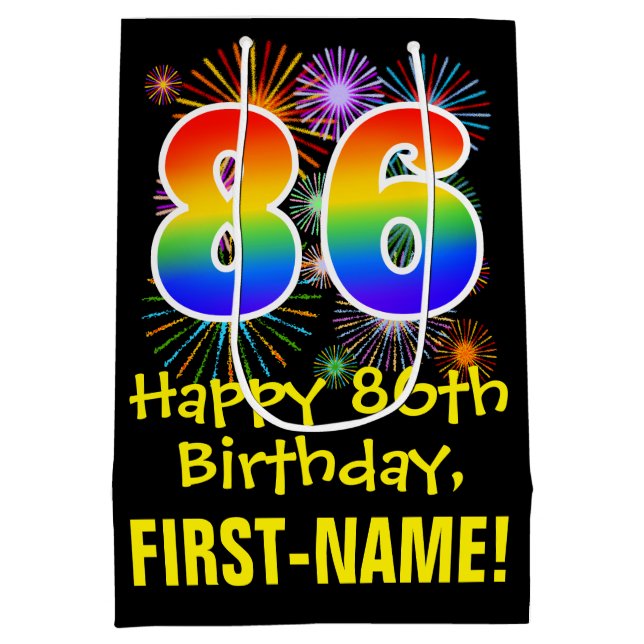 86th Birthday: Fun Fireworks Pattern + Rainbow 86 Medium Gift Bag (Back)