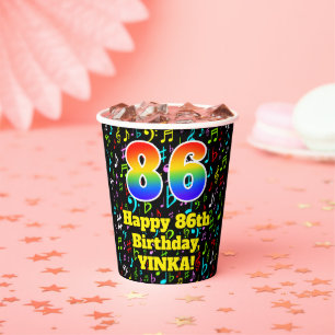 86th Birthday: Fun Music Notes Pattern, Rainbow 86 Paper Cups