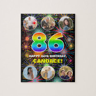 86th Birthday: Fun Rainbow #, Custom Name + Photos Jigsaw Puzzle