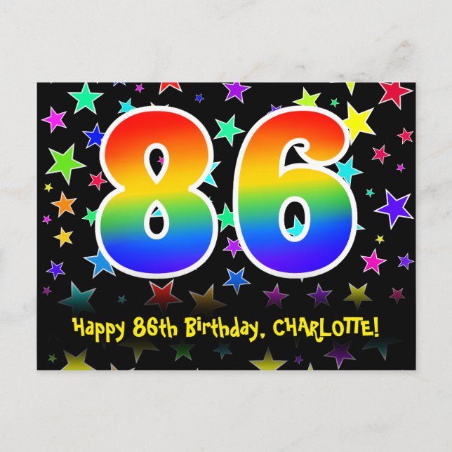 86th Birthday: Fun Stars Pattern, Rainbow 86, Name Postcard (Front)