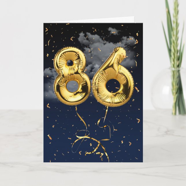 86th Birthday Gold Mylar Balloon and Confetti Card (Front)