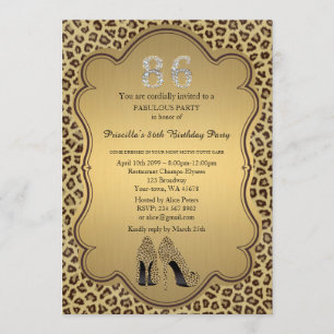 86th Birthday invitation, numbers diamonds,Cheetah Invitation