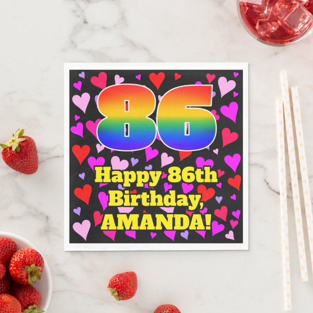 86th Birthday: Loving Hearts Pattern, Rainbow # 86 Napkin (Insitu)