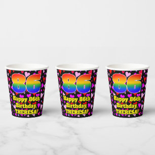 86th Birthday: Loving Hearts Pattern, Rainbow 86 Paper Cups