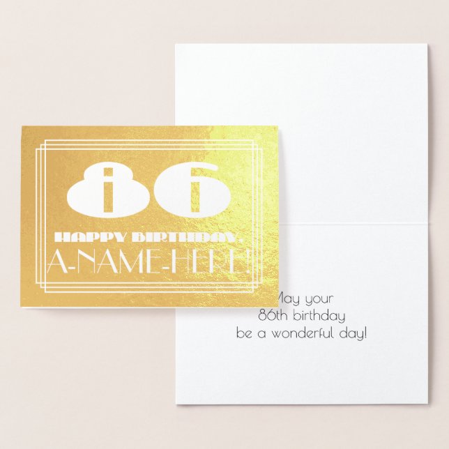 86th Birthday: Name + Art Deco Inspired Look "86" Foil Card (Display)