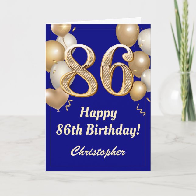 86th Birthday Navy Blue and Gold Balloons Confetti Card (Front)