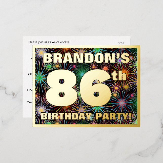 86th Birthday Party: Bold, Colourful Fireworks Loo Foil Invitation Postcard (Front/Back)