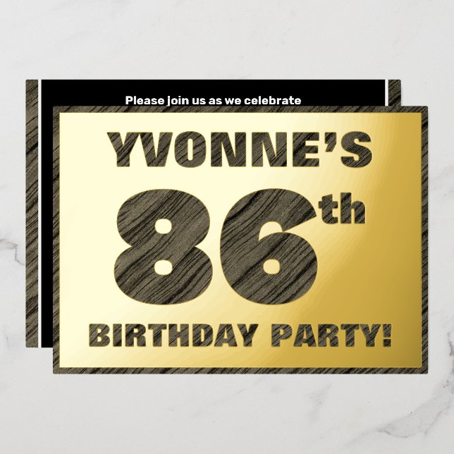 86th Birthday Party — Bold, Faux Wood Grain Text (Front/Back)