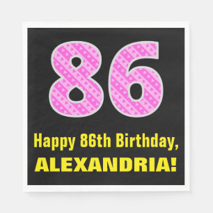 86th Birthday: Pink Stripes and Hearts "86" + Name Napkin