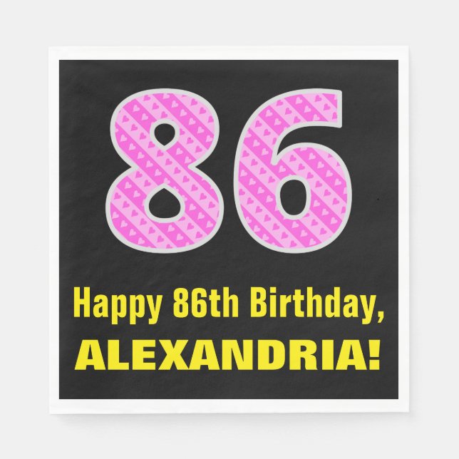 86th Birthday: Pink Stripes and Hearts "86" + Name Napkin (Front)