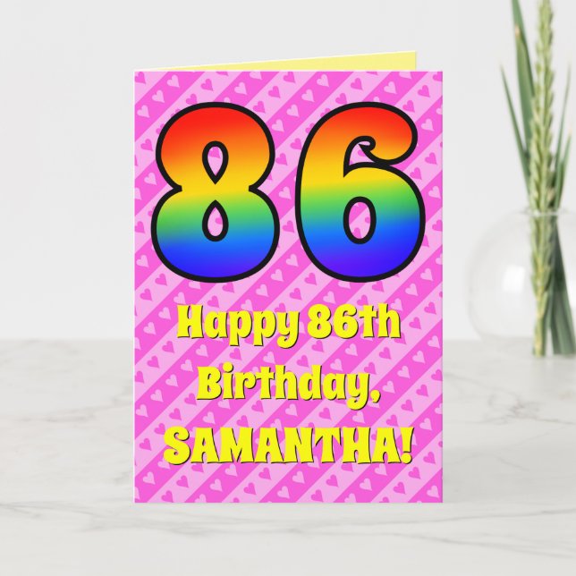 86th Birthday: Pink Stripes & Hearts, Rainbow # 86 Card (Front)