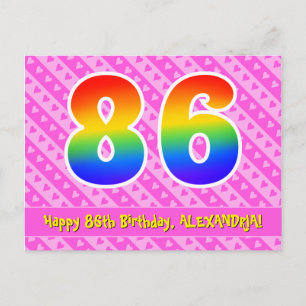 86th Birthday: Pink Stripes & Hearts, Rainbow 86 Postcard