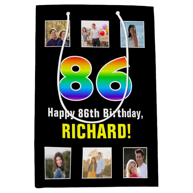 86th Birthday: Rainbow “86“, Custom Photos & Name Medium Gift Bag (Front)
