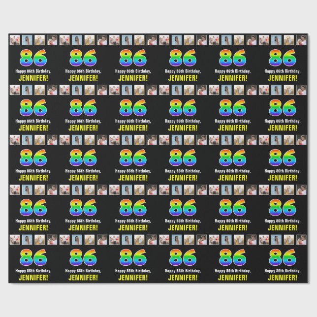 86th Birthday: Rainbow “86“; Custom Photos & Name Wrapping Paper (Flat)