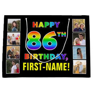 86th Birthday: Rainbow Text, Custom Photos & Name Large Gift Bag