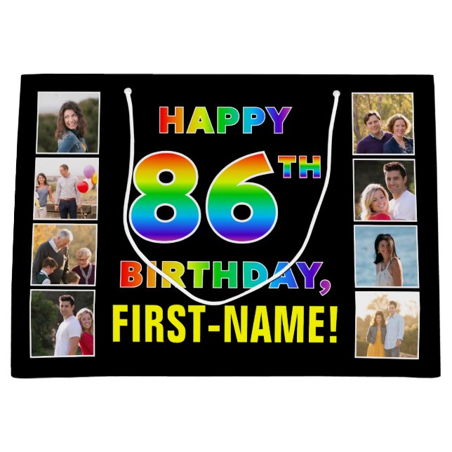 86th Birthday: Rainbow Text, Custom Photos & Name Large Gift Bag (Front)