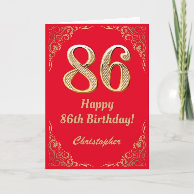 86th Birthday Red and Gold Glitter Frame Card (Front)