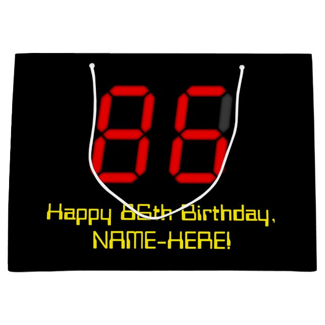 86th Birthday: Red Digital Clock Style "86" + Name Large Gift Bag (Front)