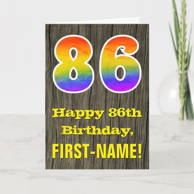 86th Birthday: Rustic Faux Wood Look, Rainbow "86" Card (Front)