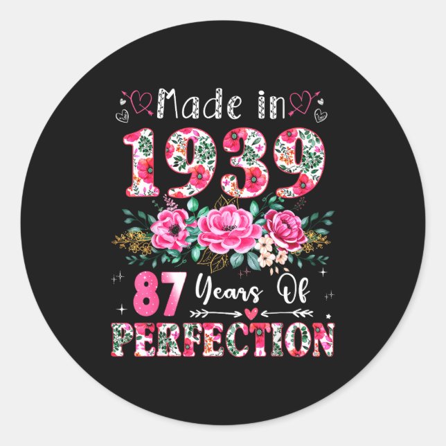 87 Year Old Made In 19&#  Floral 87th Birthday Wo Classic Round Sticker (Front)