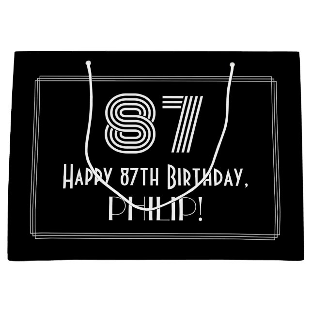 87th Birthday — Art Deco Inspired Look "87" & Name Large Gift Bag (Front)