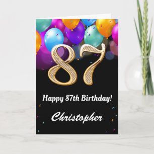 87th Birthday Black and Gold Colourful Balloons Card