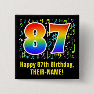 87th Birthday: Colorful Music Symbols, Rainbow 87 15 Cm Square Badge