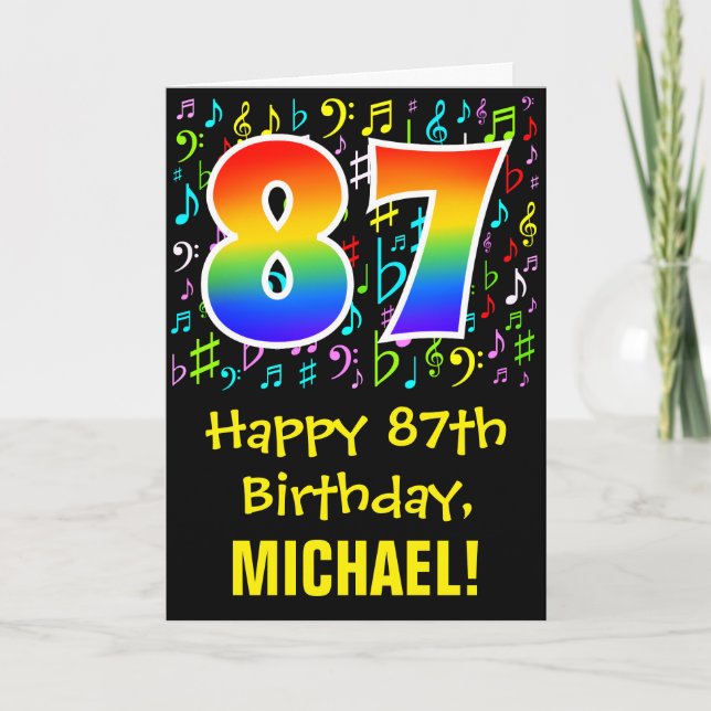 87th Birthday: Colorful Music Symbols + Rainbow 87 Card (Front)