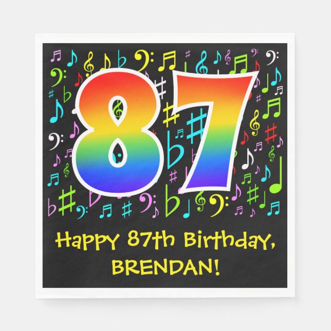 87th Birthday - Colorful Music Symbols, Rainbow 87 Napkin (Front)