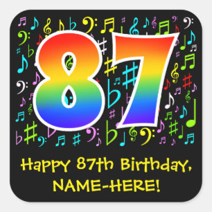 87th Birthday: Colourful Music Symbols, Rainbow 87 Square Sticker