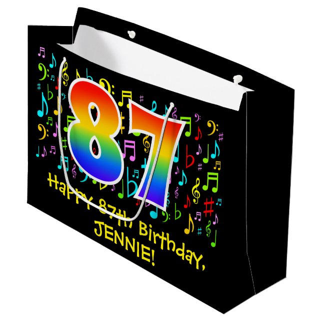 87th Birthday - Colourful Music Symbols, Rainbow 8 Large Gift Bag (Front Angled)