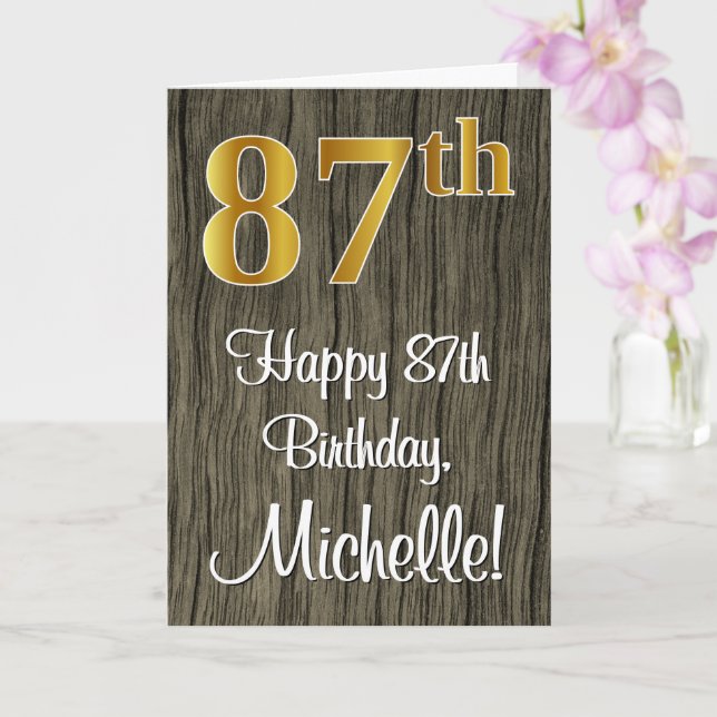 87th Birthday: Elegant Faux Gold Look #, Faux Wood Card (Orchid)
