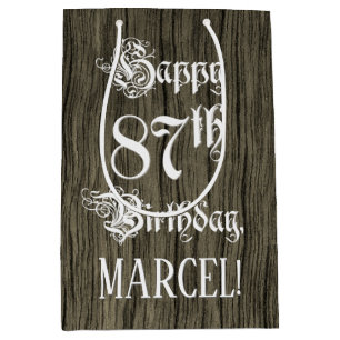 87th Birthday: Fancy, Faux Wood Look + Custom Name Medium Gift Bag