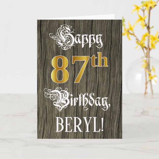 87th Birthday: Faux Gold Look + Faux Wood Pattern Card (Yellow Flower)
