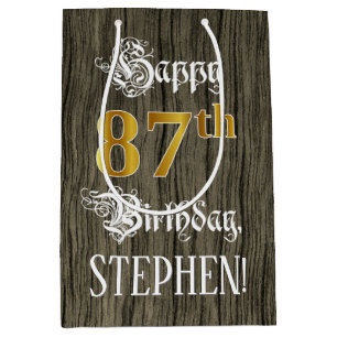 87th Birthday: Faux Gold Look & Faux Wood Pattern Medium Gift Bag
