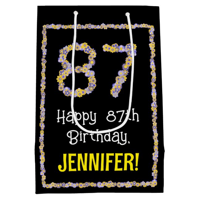 87th Birthday: Floral Flowers Number, Custom Name Medium Gift Bag (Back)