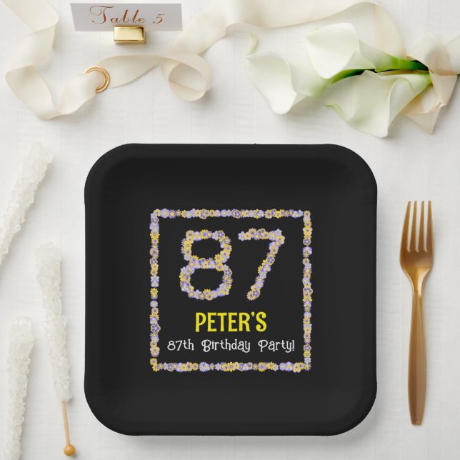 87th Birthday: Floral Flowers Number, Custom Name Paper Plate (Wedding)