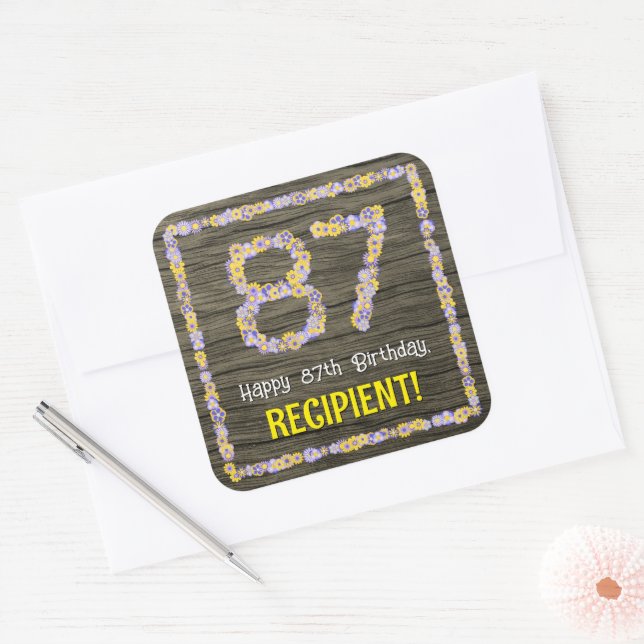 87th Birthday: Floral Number, Faux Wood Look, Name Square Sticker (Envelope)