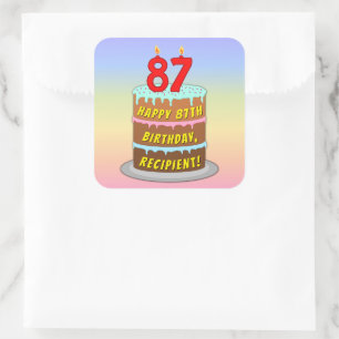 87th Birthday: Fun Cake and Candles + Custom Name Square Sticker