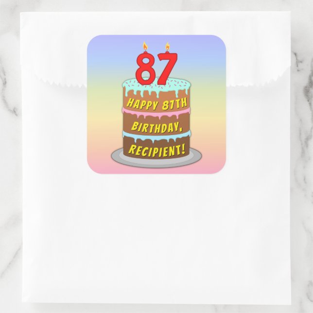 87th Birthday: Fun Cake and Candles + Custom Name Square Sticker (Bag)