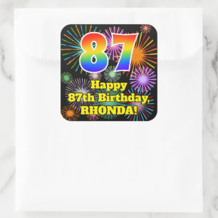 87th Birthday: Fun Fireworks Look, Rainbow # 87 Square Sticker