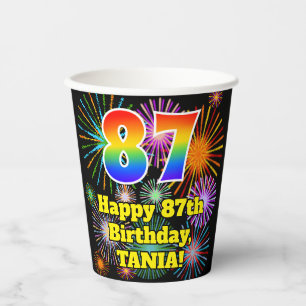 87th Birthday: Fun Fireworks Pattern + Rainbow 87 Paper Cups
