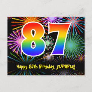 87th Birthday – Fun Fireworks Pattern + Rainbow 87 Postcard