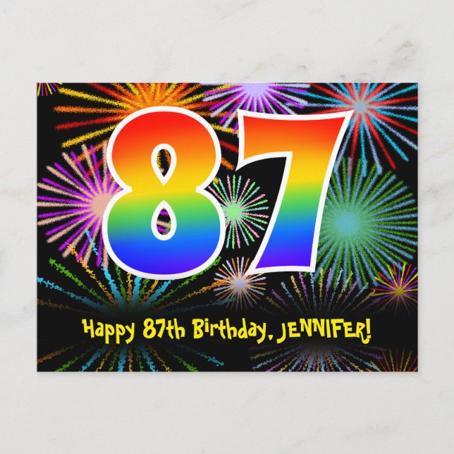 87th Birthday – Fun Fireworks Pattern + Rainbow 87 Postcard (Front)