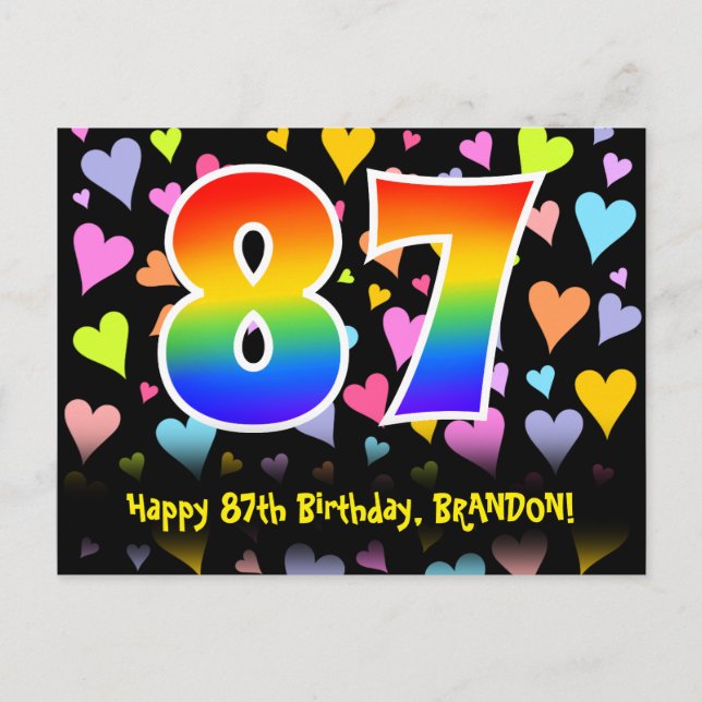 87th Birthday: Fun Hearts Pattern, Rainbow 87 Postcard (Front)