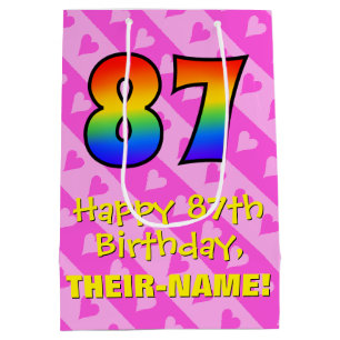 87th Birthday: Fun Pink Hearts Stripes; Rainbow 87 Medium Gift Bag