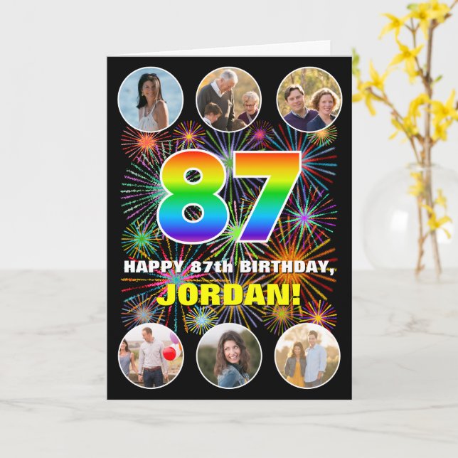 87th Birthday: Fun Rainbow #, Custom Name & Photos Card (Yellow Flower)